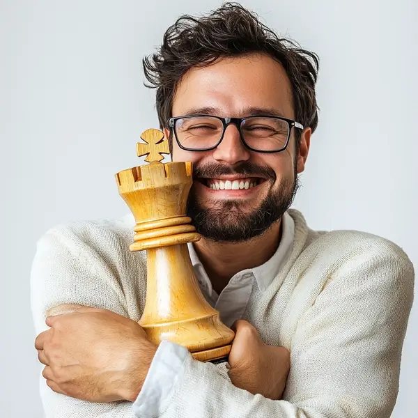 Een blije man omhelst een mooi houten schaakstuk